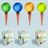 Four colorful plant watering globes with individual packaging.