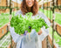 A woman in a lab coat holding a bunch of freshly harvested green lettuce with visible roots.