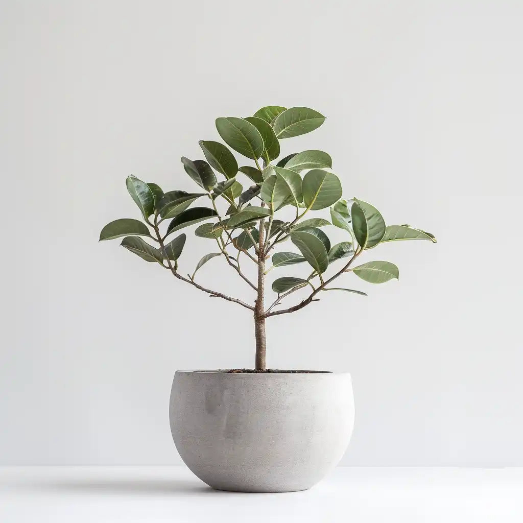 A potted houseplant with lush green leaves in a simple gray pot.