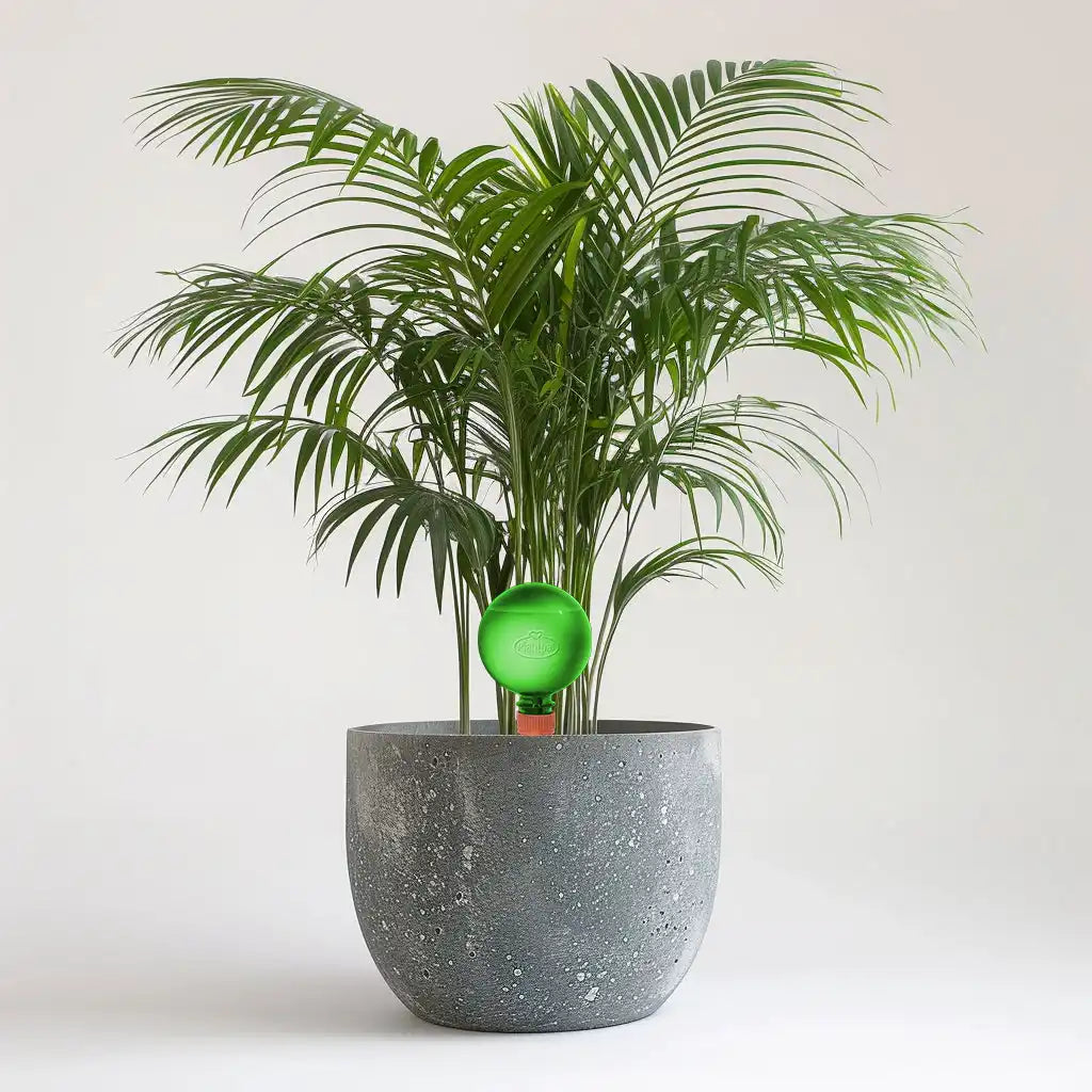 A potted palm plant with a green watering globe.